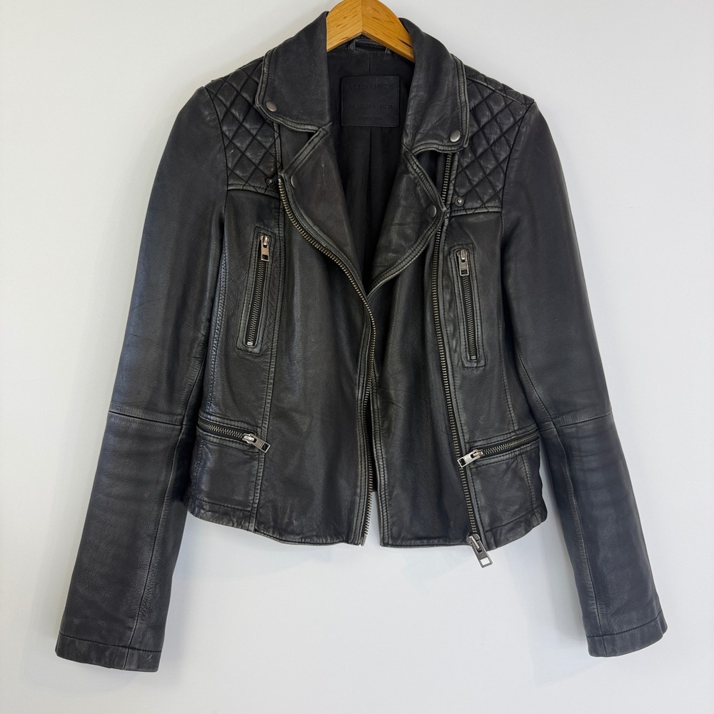 AllSaints Cargo Biker Jacket Women 6 Black Quilted Soft Sheep Leather Moto